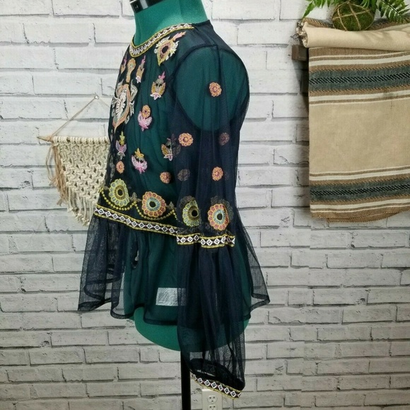 BBWM Sheer Top Embroidery Floral Boho Festival M - Picture 5 of 8